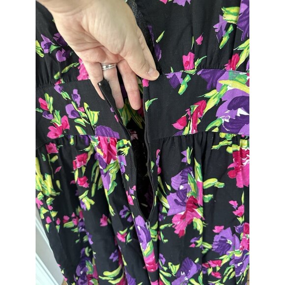 Vintage Stuart Alan 1980s 90’s BOLD FLORAL Bouquet Team Dress 1940’s Flare Midi - Picture 4 of 11
